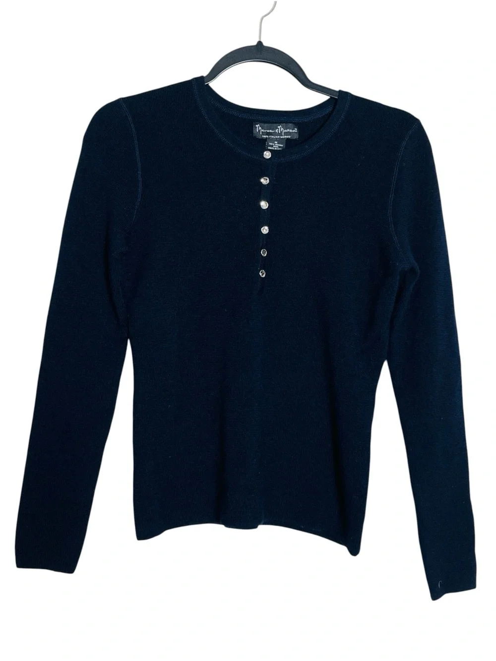 Mercer & Madison Navy 100% Italian Merino Wool Button-Placket Crewneck Sweater *